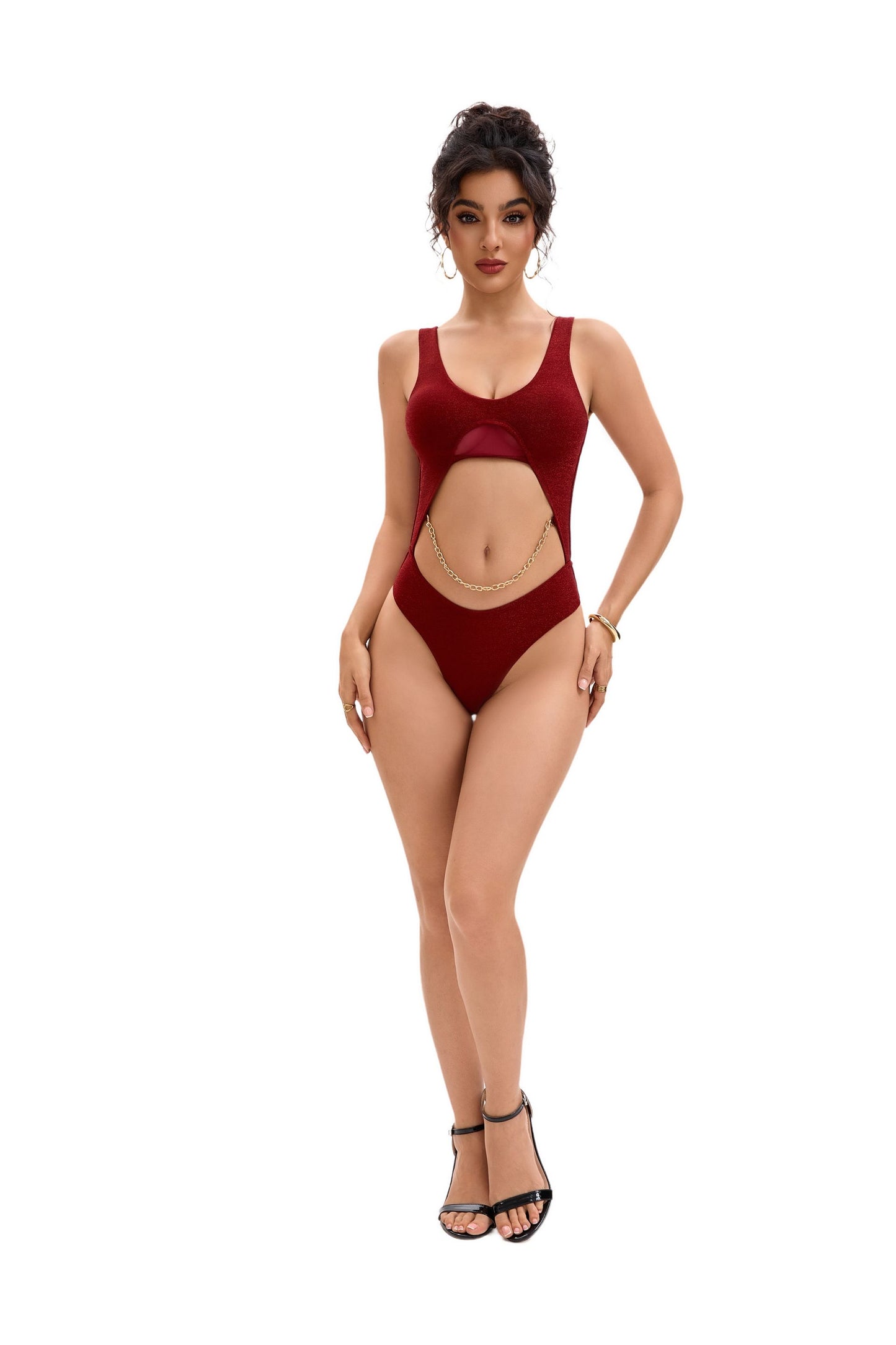 Metaversal -Cherry Red Glitter Bodysuit with Chain 連身服